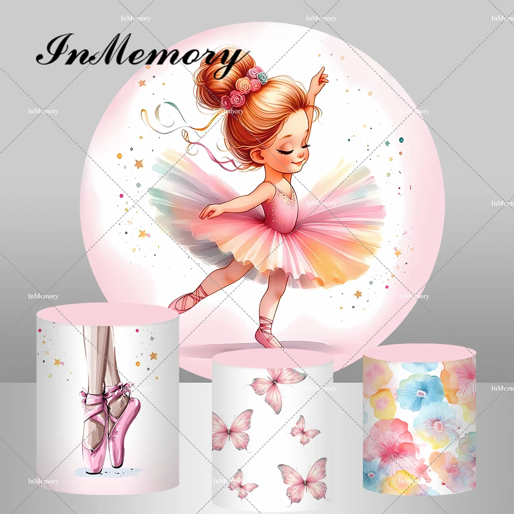 Pink Dance Ballerina Round Backdrop Cover Flowers Butterfly Girls Baby Shower Birthday Party Background Photo Prop Supplier