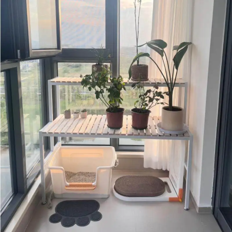 Balcony Solid wood ladder cat climbing frame Large space cat nest Wrought iron flower stand Second floor Multifunctional pet sup