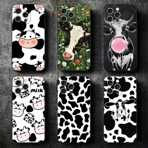 White Black Dairy Cattle Symbol Soft Phone Case for iPhone 16 16E 17 Air 15 Pro Max 14 Plus 13 Mini 11 12 7 Black Cover Back She