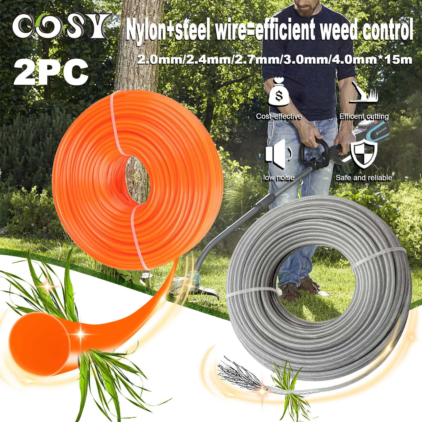 

2PC 2.0/2.4/2.7/3.0/4.0mm*15/25m Grass Trimmer Line Nylon Wire Brush Cutter Rope Steel Grass Trimmer Line Lawn Mower Replacement