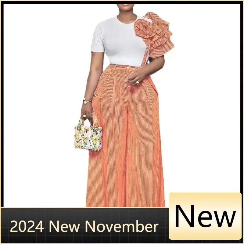 

African Clothes for Women Autumn 2025 Elegant African Short Sleeve O-neck Polyester Top Long Pant 2 Piece Matching Sets Outfits