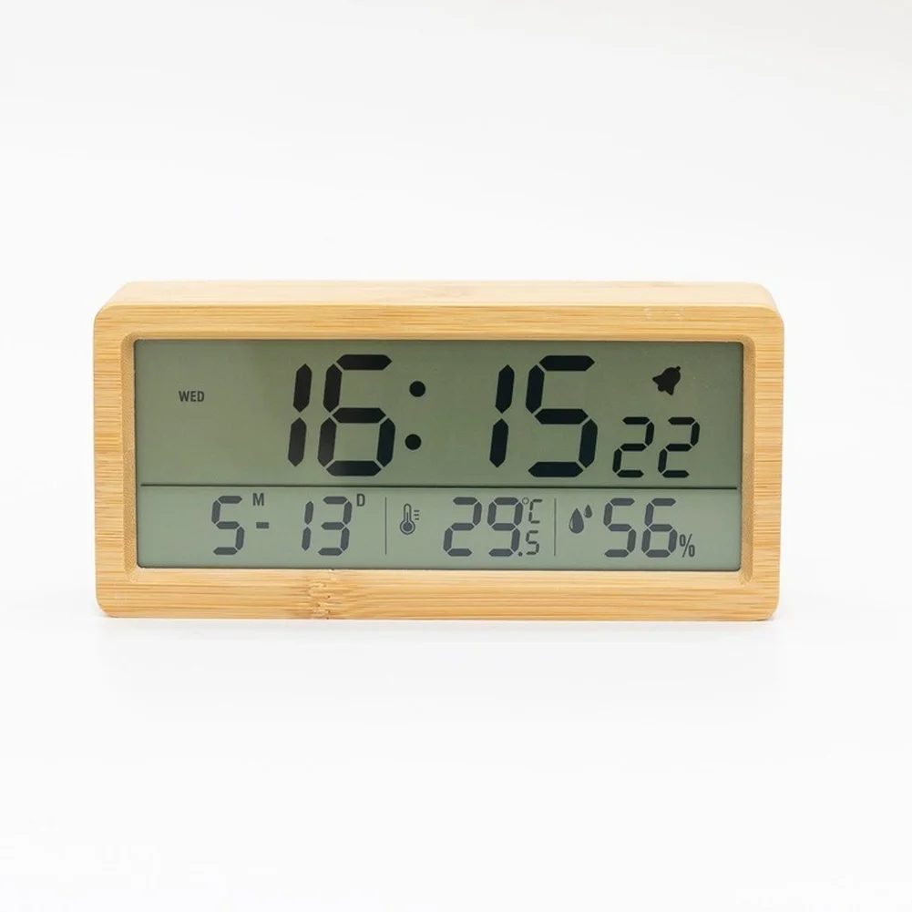 Wooden Digital Alarm Clock With Temperature Humidity Display Glow In Dark LED Desk Table For Bedroom Home Decor