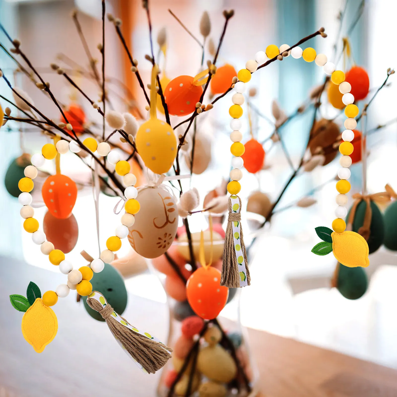 Lemon Wood Bead Tassel Wall Hanging Ornament Elegant Wooden Bead Pendant for Living Room Bedroom Wall Decor Gift Idea