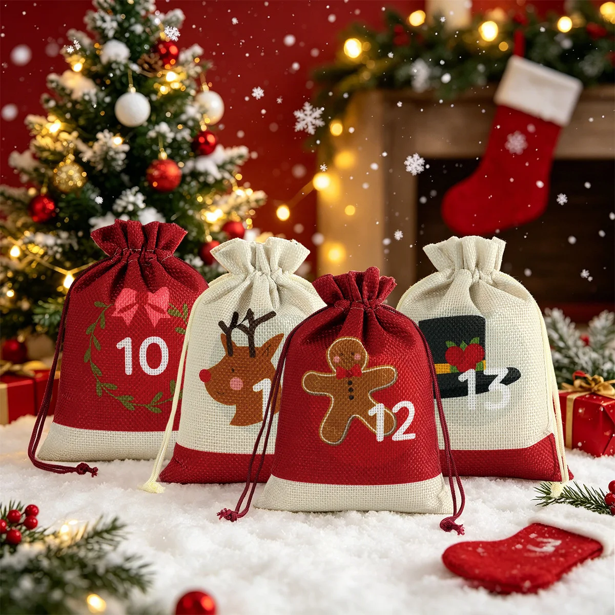 24pcs Christmas Burlap Drawstring Bags Holiday Countdown Gift Candy Jewelry Treat Packaging Party Favor Decor Supplies