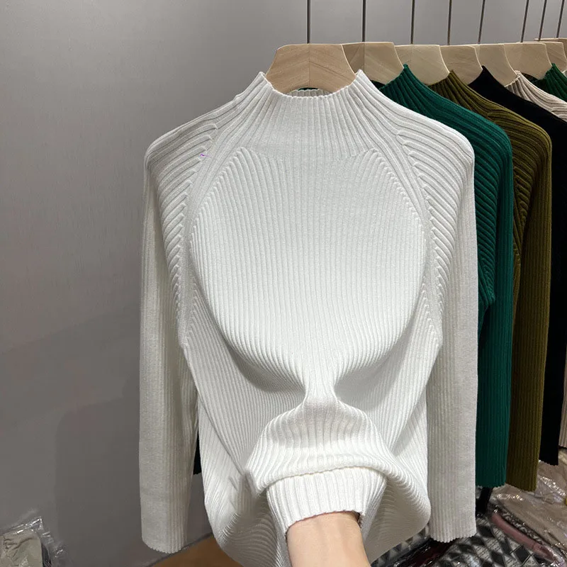 

Sueter Feminino New White Long Sleeve Knitted Sweater Women Pullovers Mock Neck Knit Sweater Pullover Women Tops Knitwears Q2162
