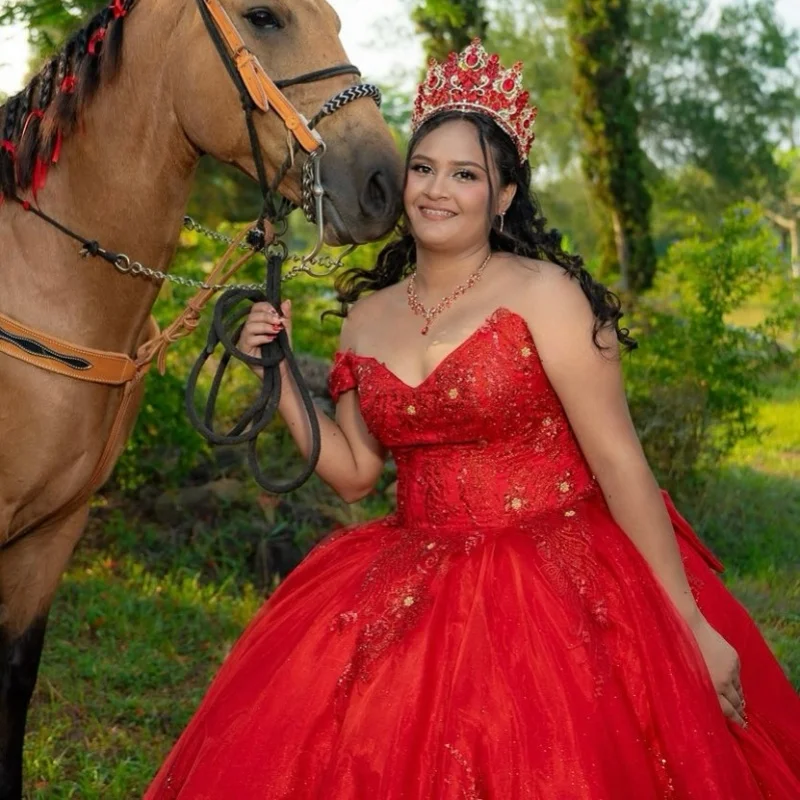 

Customized Shiny Red Quinceanera Dresses Off the Shoulder applique flower Tull Long tail Vestido 15 Quinceanera