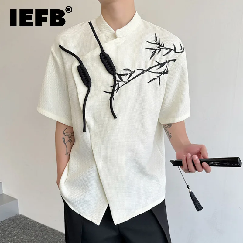 

IEFB Summer Shirt New Chinese Style Embroidery Frog Stand Collar Short Sleeve Casual 2024 Fashion Single Breasted Top 9C5340