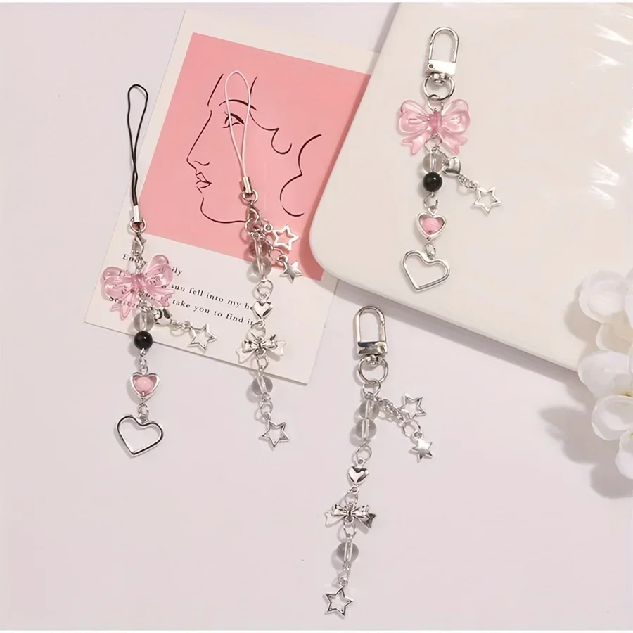 Fashion Y2K Love Pink Bead Bow Lanyard Door Buckle Mobile Phone Strap Key Chain Pendant Key Chain Five-Pointed Star Key Chain