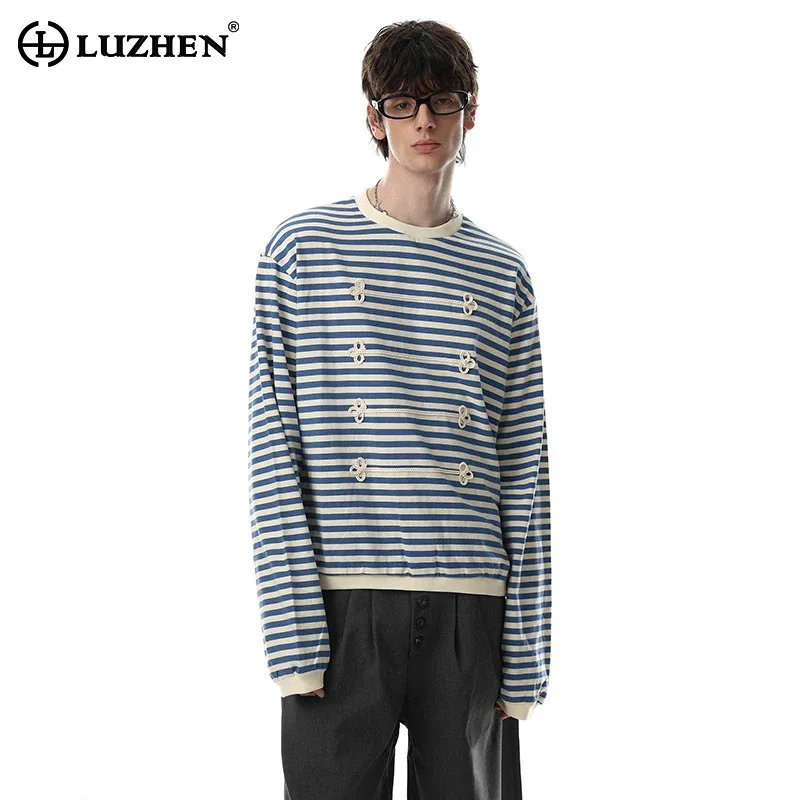 LUZHEN 2026 New Trendy Stripe Printed Original Embroidery Patchwork Pattern Long Sleeve T-shirts Men's Handsome Clothes JY8920