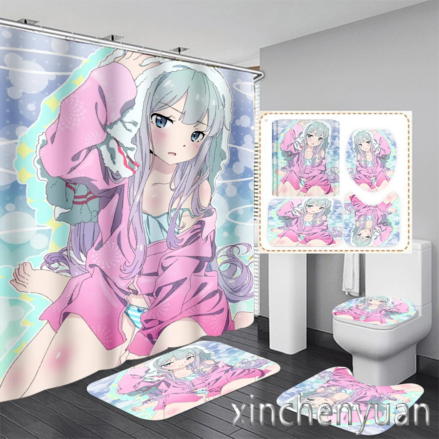 Phechion Tirai Mandi Izumi Sagiri Gambar 3D Baru Tirai Kamar Mandi Tahan Air Set Keset Kamar Mandi Antiselip Karpet Toilet VR184