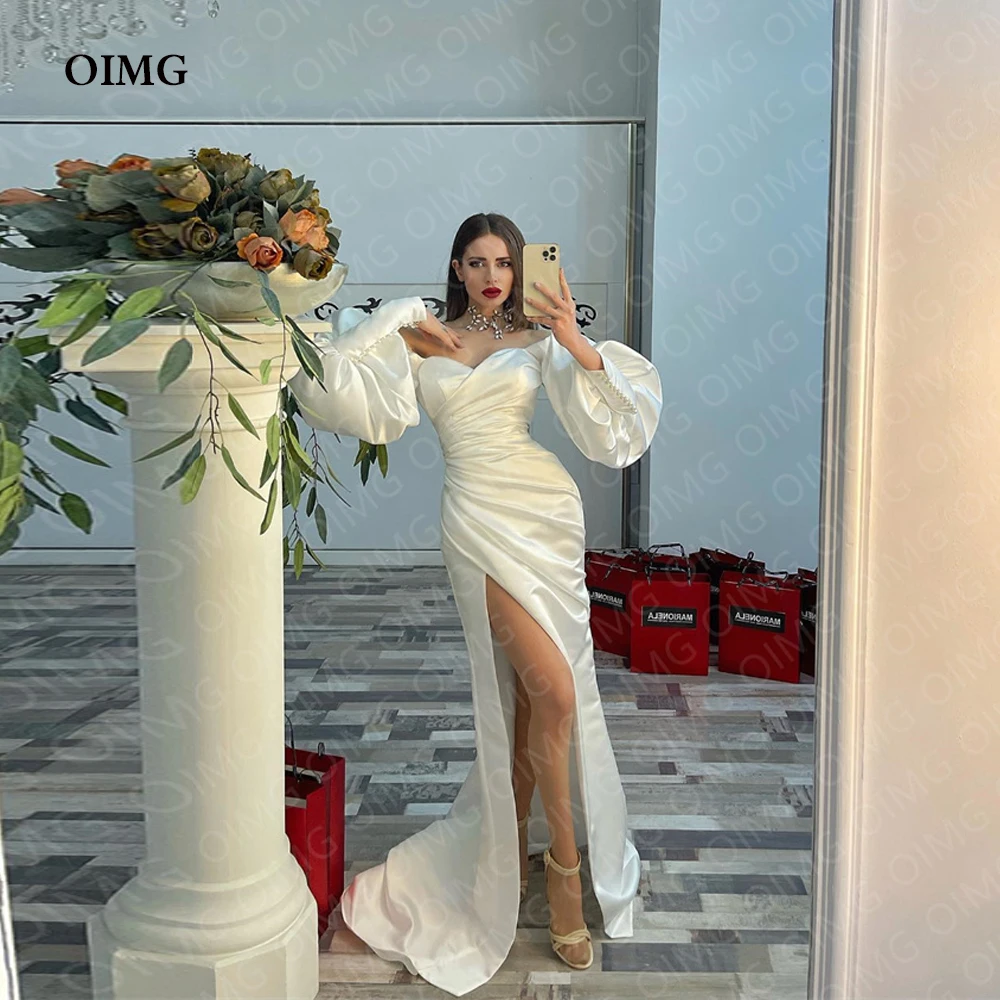 

OIMG Luxury Sweetheart Satin A Line Wedding Dresses Gowns Side Slit Button Bride Bridal Gowns Princess Formal Dress