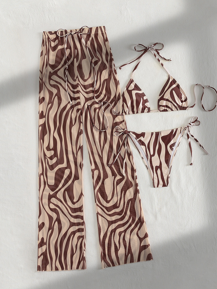  Women's Zebra Stripe Print 3 Piece Swimwear Set, Halter Triangle Bikini with High Waist Cover Up Pants 