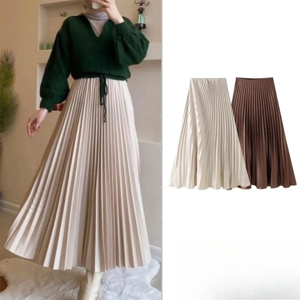 KONDALA ヴィンテージカジュアルプリーツロングスカート女性ハイウエストプリーツロングサテンスカートファッション 2025 春夏エレガントスカート