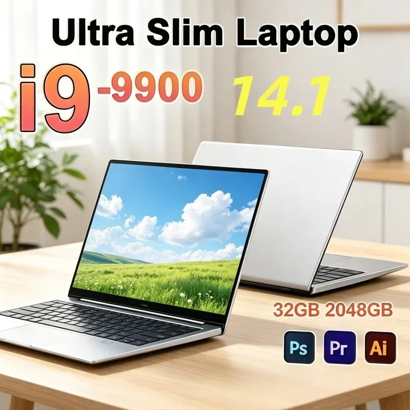 

Sleek Portable 14.1 Business Laptop Equipped Intel I9-9900 Chip Adjustable Dual RAM Sizes Thin Notebook for Home and Office