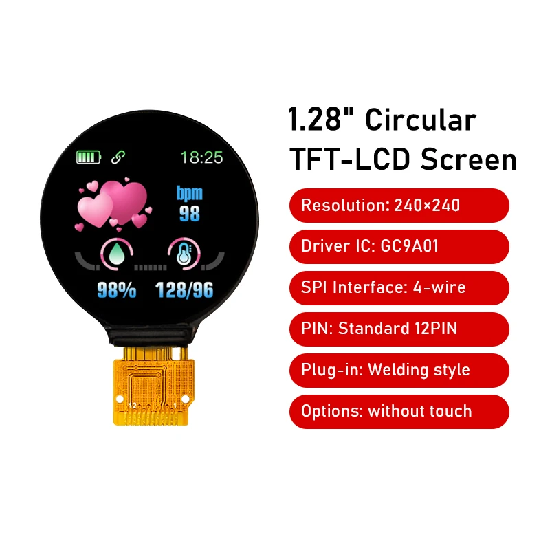 

1,28-дюймовый круглый ЖК-дисплей, драйвер LCD240x240, GC9A01, последовательный порт, полный вид, IPS-экран часов