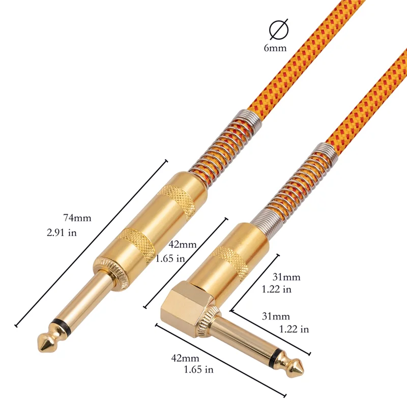 Kabel gitara 10FT elektryczny Instrument basowy przewód 1/4 Cal proste-prawostronne pozłacany kabel 6.35mm