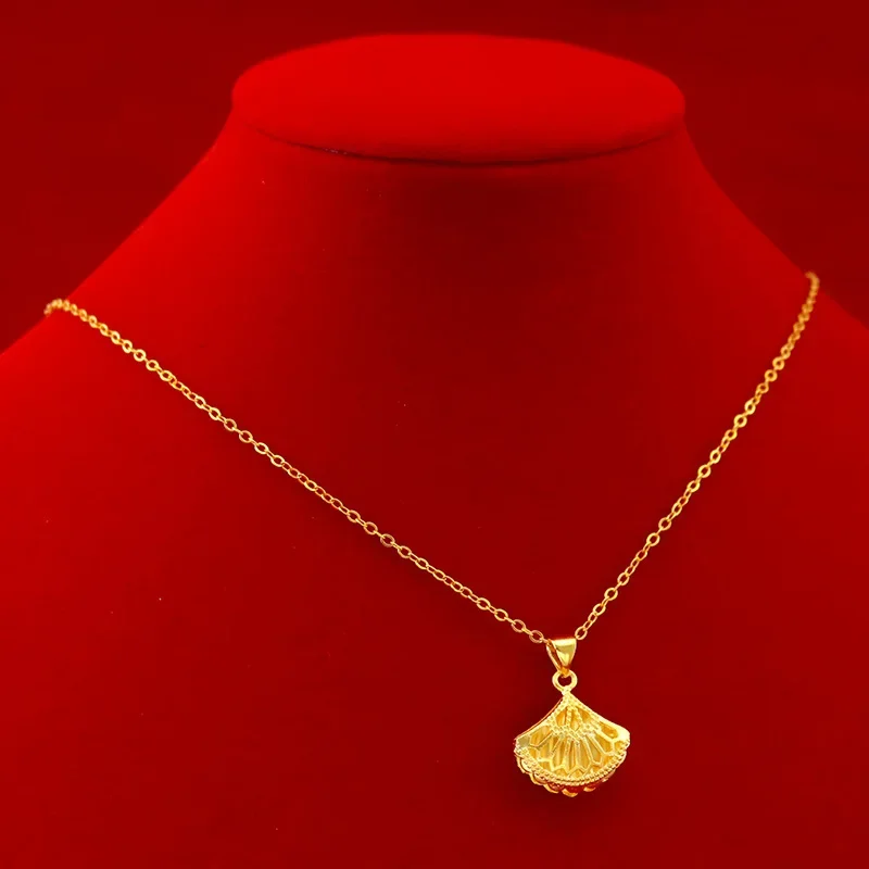 9999 real gold 24K yellow gold Small Skirt Fan Pendant Necklace