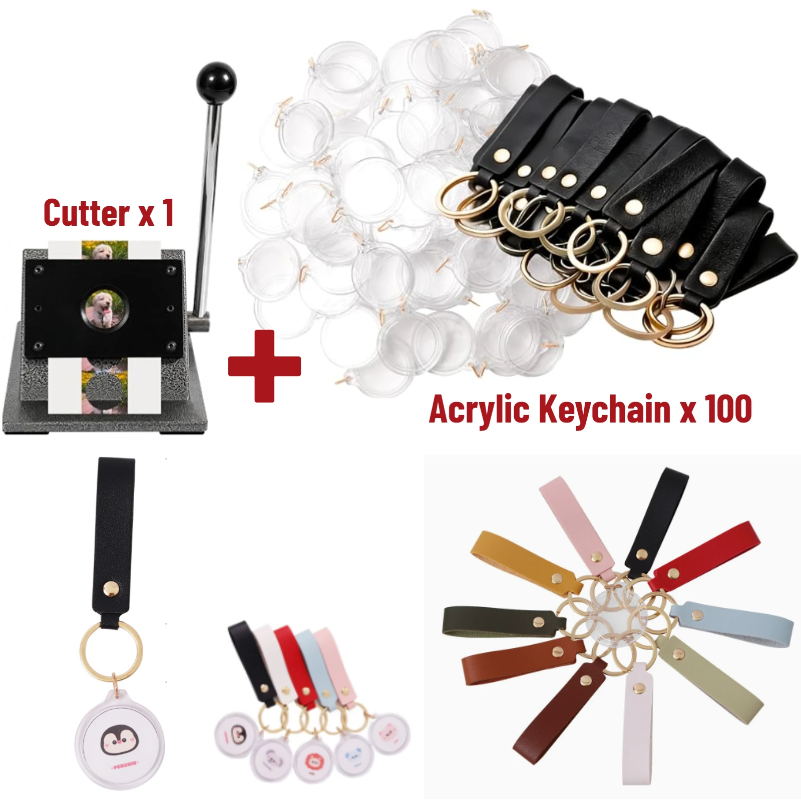 DIY 100 PCS Leather Photobooth Keychain Acrylic with 35mm Paper Cutter PU Faux Material Clear Photo Inserts DIY Craft Gifts