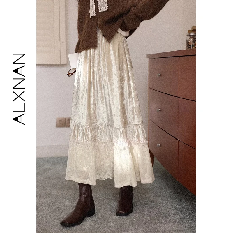 

ALXNAN Velvet Midi Skirt Women 2025 Winter Cute A-line Elastic High Waist Elegant Skirts Female Casual Warm Fashion Skirt L60376