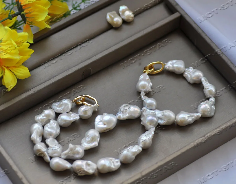 MTC·STAR  Set 26mm White Baroque Drop Reborn KESHI Pearl Necklace Bracelet Earring (Z12722)