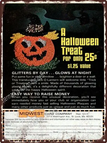 Halloween Melted Popcorn Glows at Night JOL Witch ad Metal Sign 9x12