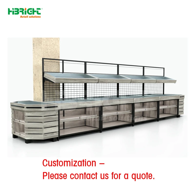 custom.Highbright Double-Sided Heavy Duty Wooden Metal Combination Pre-Assembled Display Rack Supermarket Vegetable Shelving