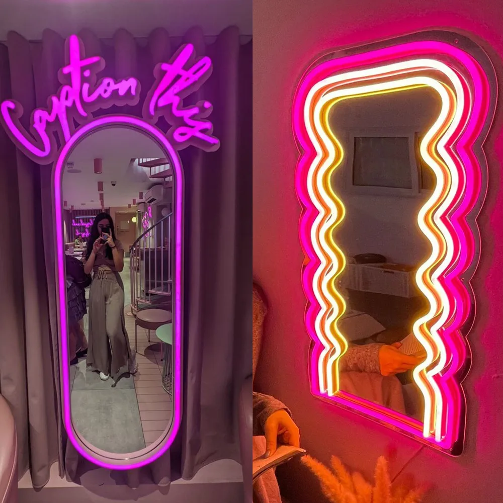 Espejo de cuerpo completo de neón Rosa ondulado, señal de espejo, logotipo Led personalizado, nombre, texto, señal de noche de neón privada, luz Led, letra, espejo de neón ondulado