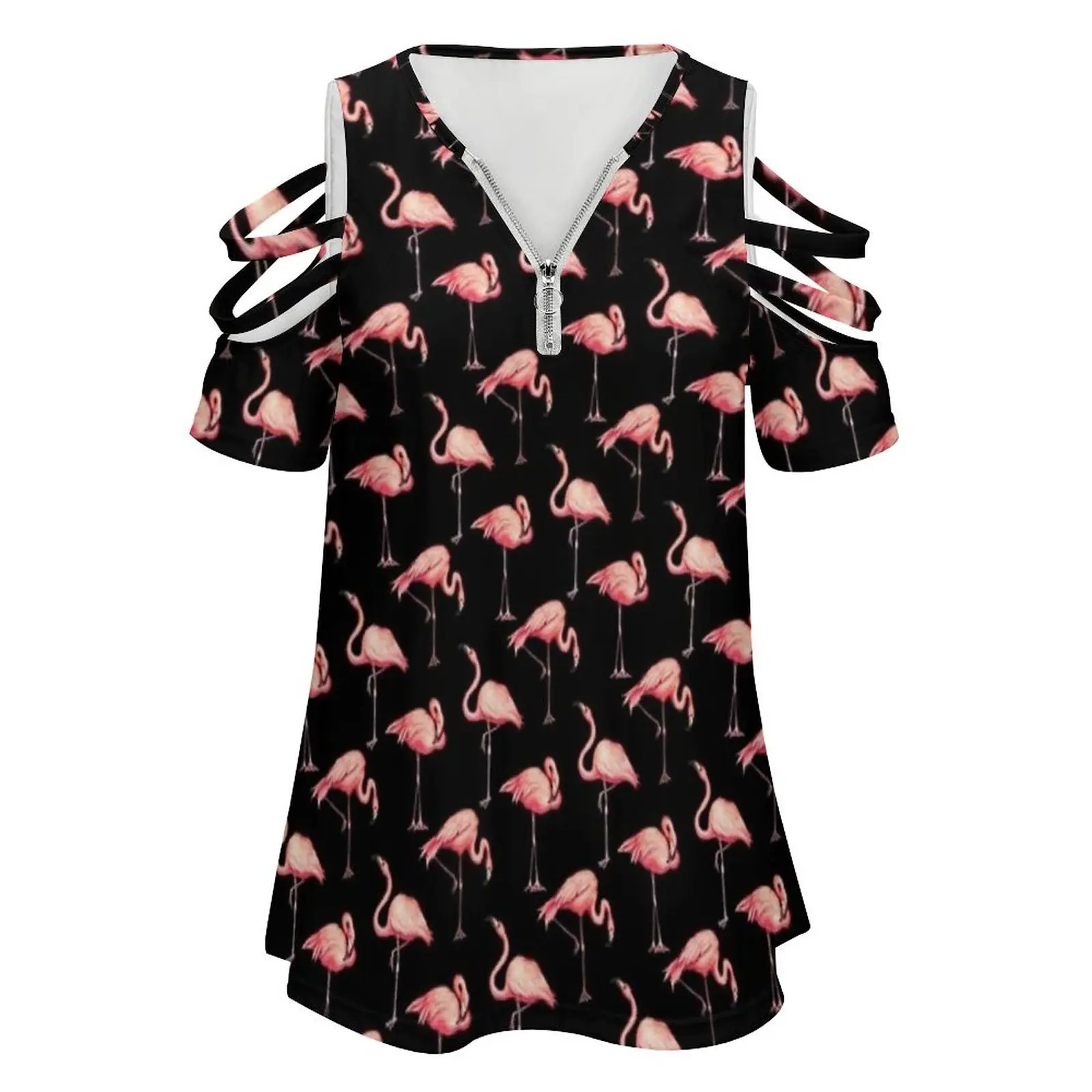 Flamingo Pattern-Black New Fashion Zip Off Shoulder Top Short-Sleeve Women Shirt Flamingo Pink Retro Vintage Animal