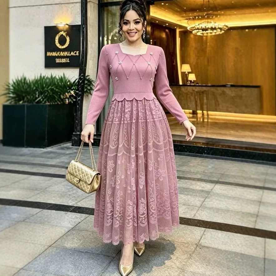 ANLAN Miyake Pleated Dresses 2026 New Round Neck Long Sleeve Elegant Fashion Lace Patchwork Women's Plus Size Stretch Long Dress