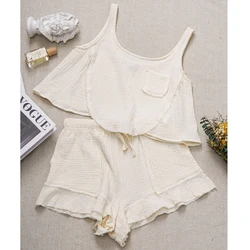 Muslin Suit For Women 100% Cotton Gauze Two Piece Set Sleeveless Crop Tops + Drawstring Shorts Summer Casual Comfortabel Colthes