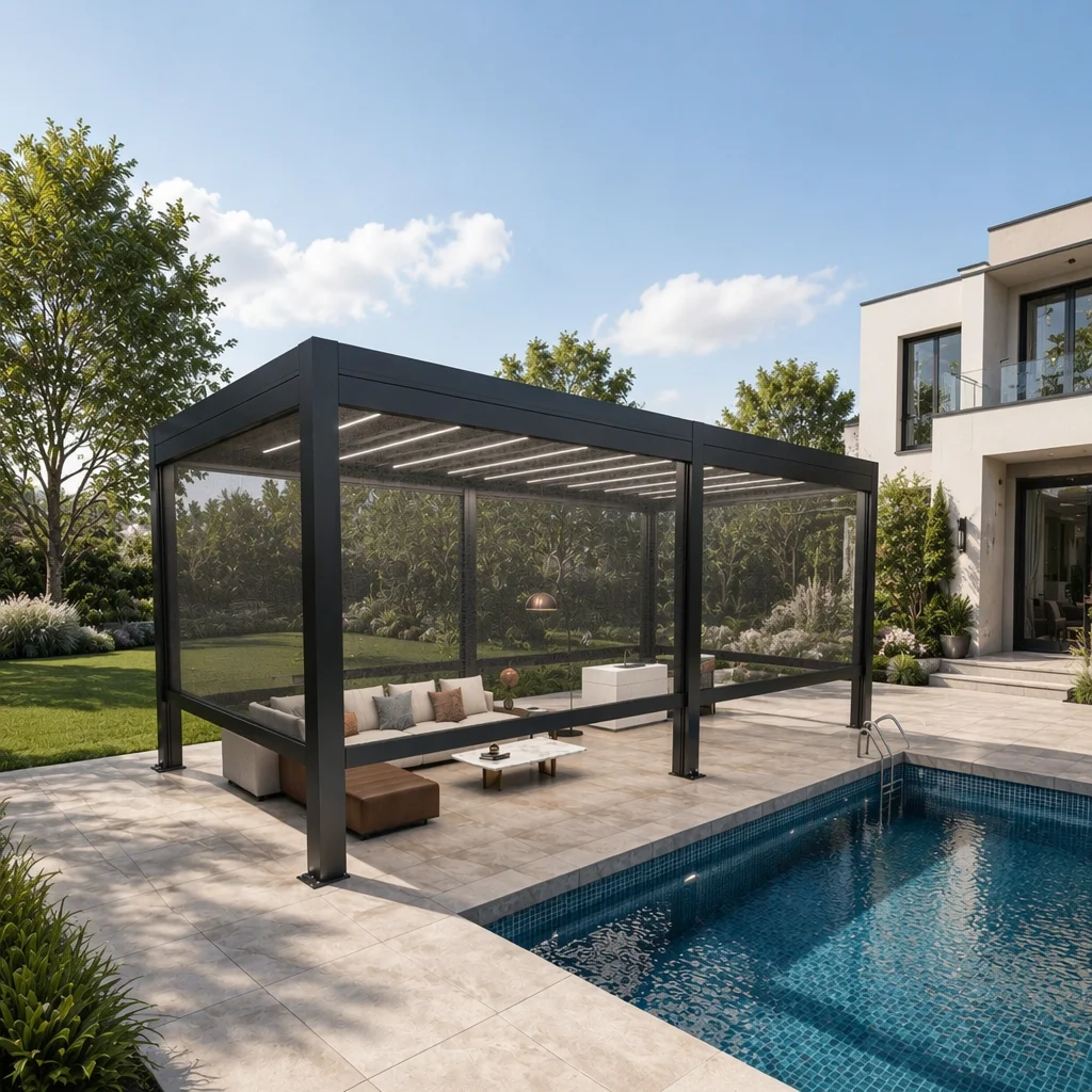 White Aluminum Pergola Manual Electric Motorized Louvers Waterproof Frame Powder Coated For Balcony Includes Screen Nature