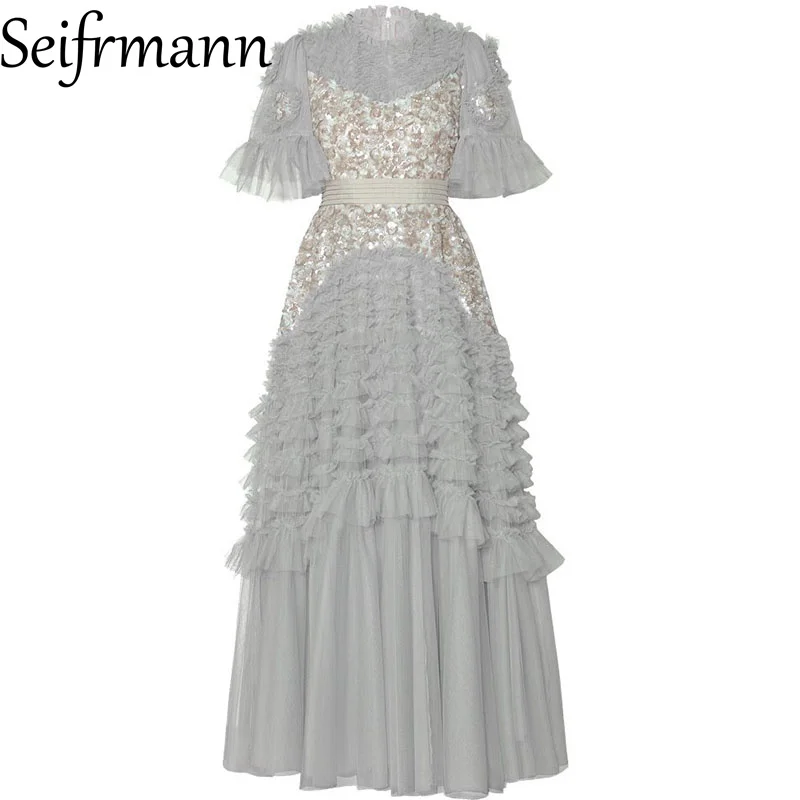 Seifrmann 봄과 여름 새로운 스타일 여성 드레스 스팽글 패션 페르시 짧은 소매 빈티지 우아한 파티 드레스
