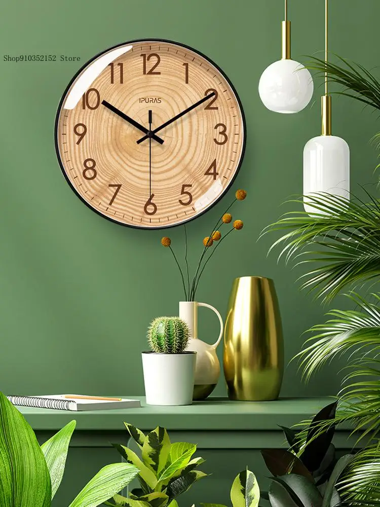 Simple Leisure Commuting Wooden Texture Wall Clock Living Room Art Clock Silent Sweeping Second Quartz Clock
