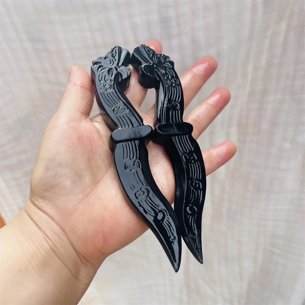 Natural obsidian frosted hollow head dagger crystal handmade carving knife craft men's gift magic talisman witch sword supplies