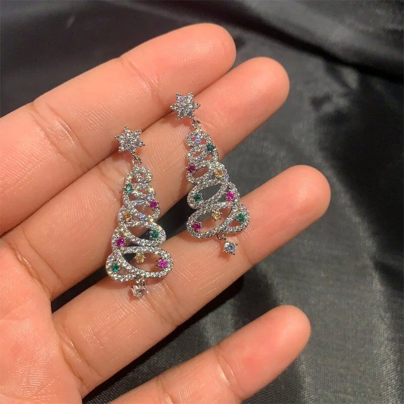 Women's Christmas Tree Zircon Crystal Star Dangle Earrings, Party Gift