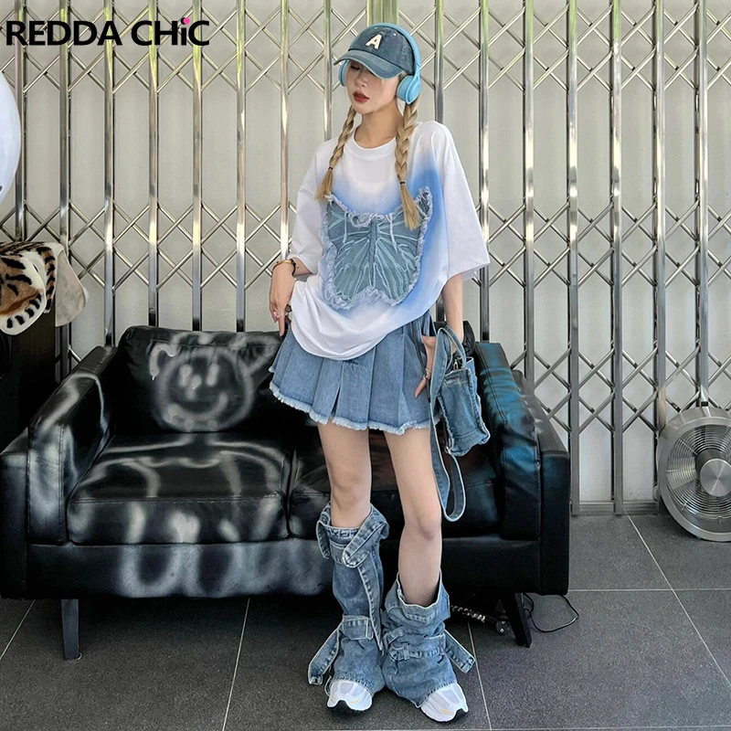 

REDDACHiC Belted Denim Leg Warmers Women Boots Cover Asymmetric Cargo Pocket Bandage Knee Long Socks Retro Grayu Y2k Streetwear