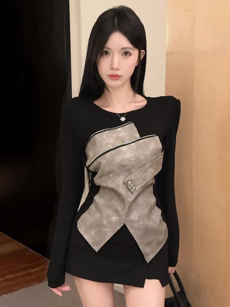 

Fashionable Asymmetric Spicy Girl Style Women's T-shirt Autumn Winter Inner Wear Unique Small Audience Top Design High-End Fe...
