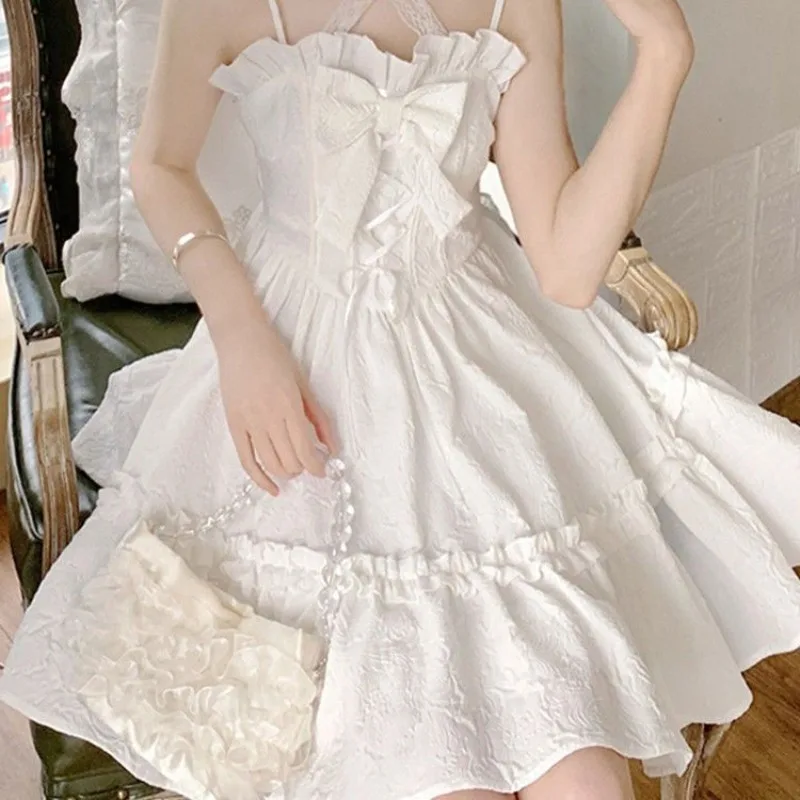 

2026 Summer White Lolita Mini Dress for Women Kawaii Clothes Vintage Fairy Straps Dress Female Casual Elegant Dresses