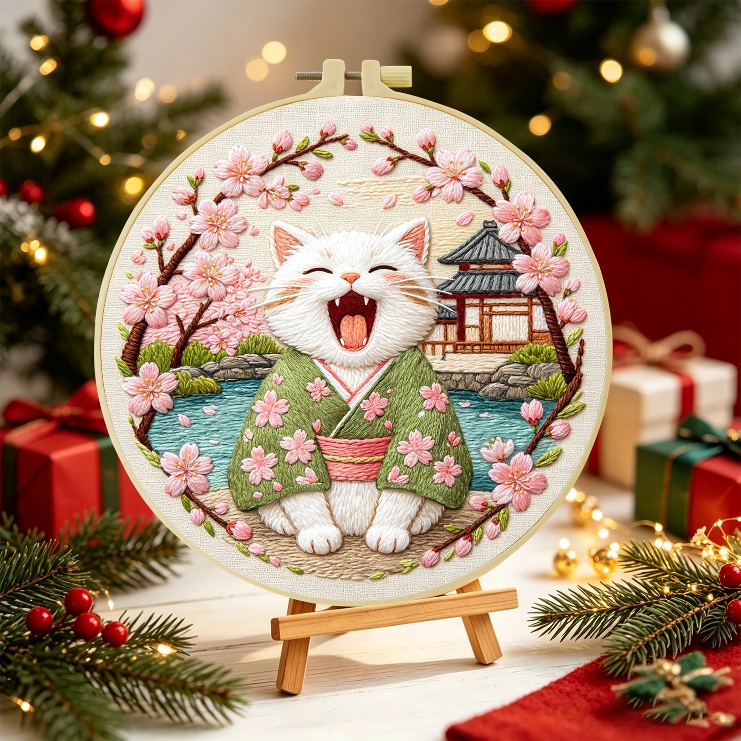 1Set Kimono Cat Cherry Blossom Pagoda Diy Embroidery Kit For Beginner Embroide Starter Kit Cross Stitch Art Gift Needlework Craf