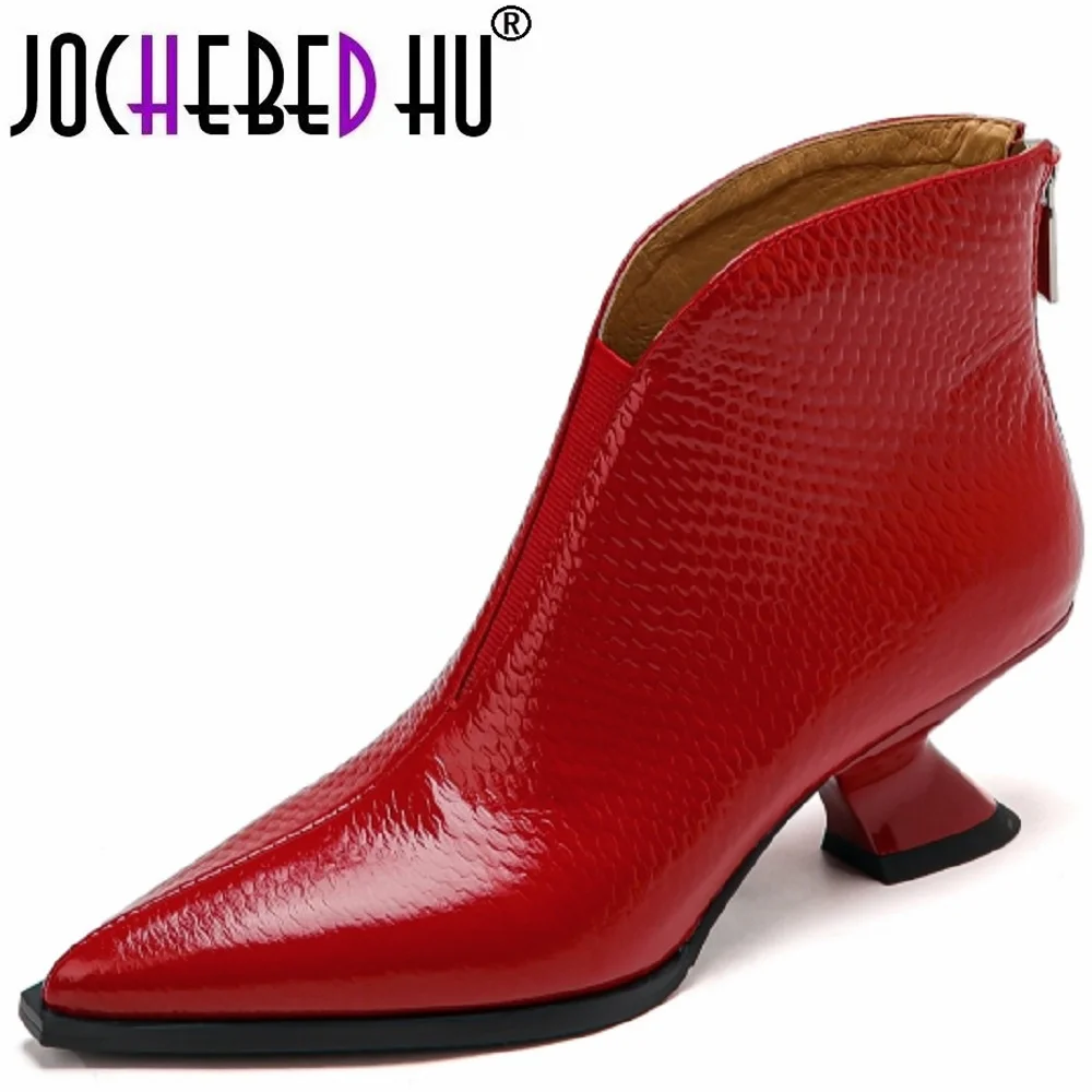 【JOCHEBED HU】New Handmade Brand Genuine Leather Pointed Toe Winter  Modern Boots Mid Heels Beauty Lady Dance Party Sexy 33-40