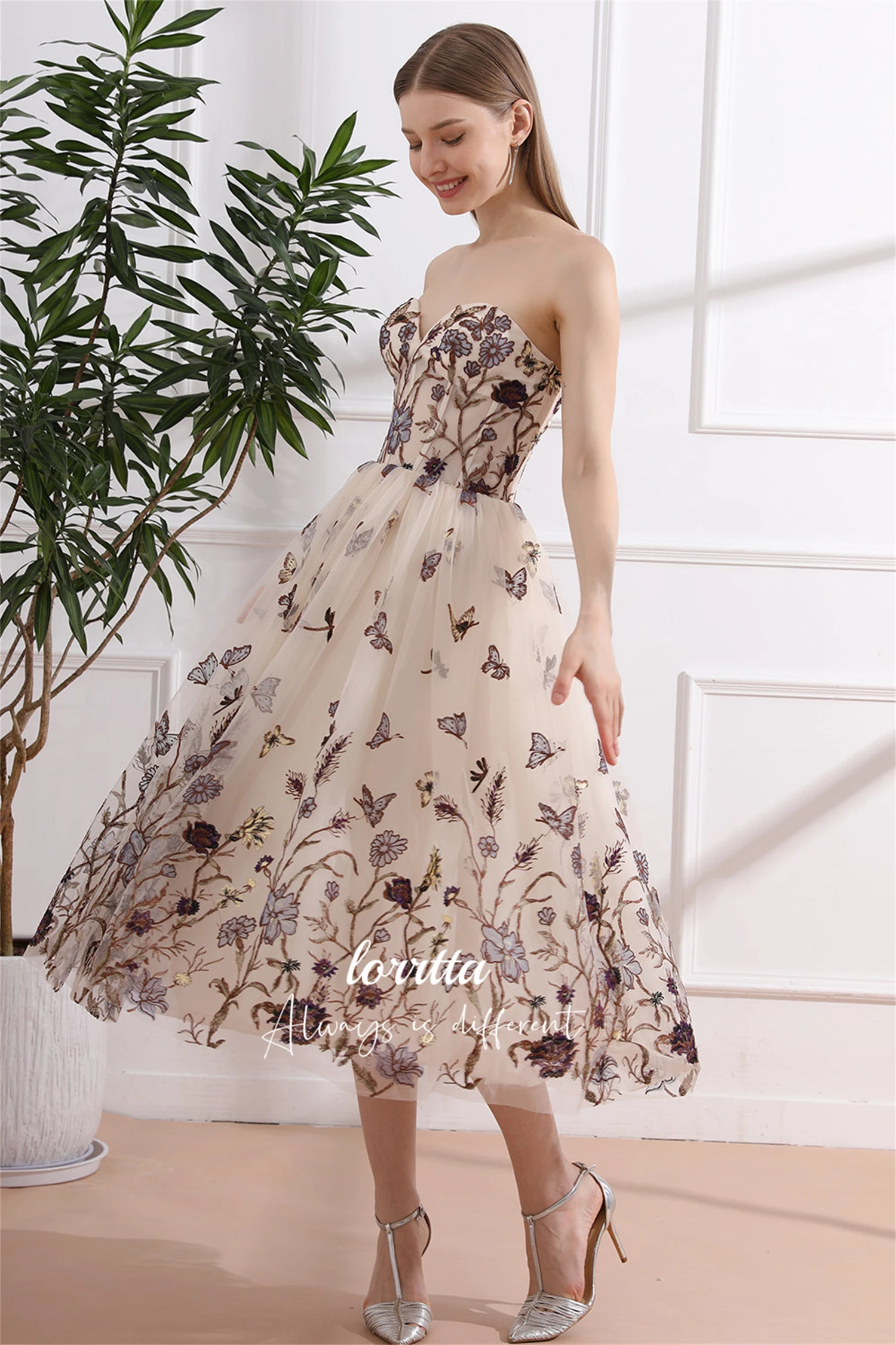 Lorrtta Line A Floral Fabric Mesh Strapless Graduation Gown Wedding Dress Party Dress Elegant Woman Ceremony Dresses 2024 Prom