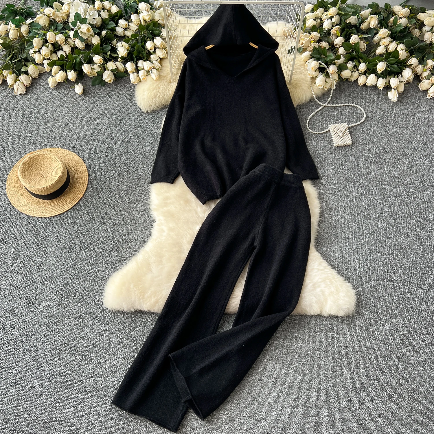 women knit 2 piece sets women outfit new machting trousers set soft warm hooded sweater+solid pants matching suits for woman