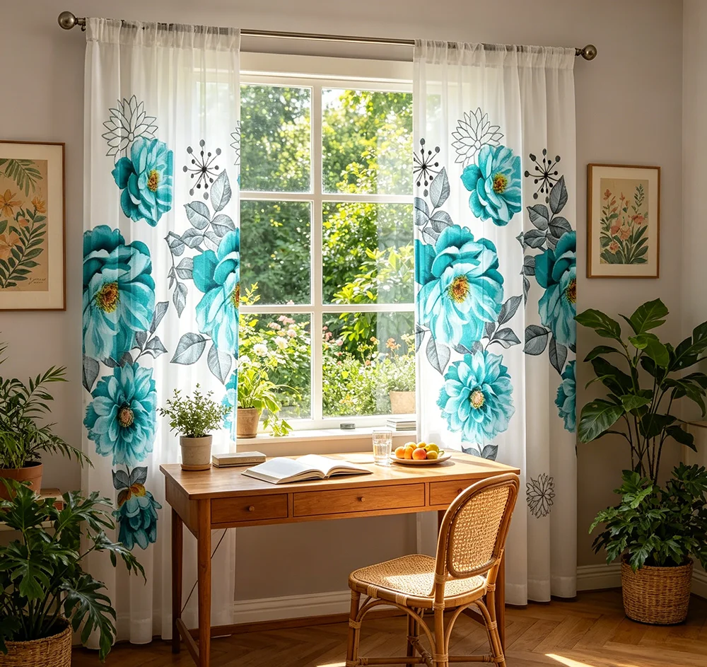 Digital Printed Sheer Curtain, Teal Blue Summer Flowers, Bright Vibrant Seasonal Floral for Living Room Bedroom Home Decor