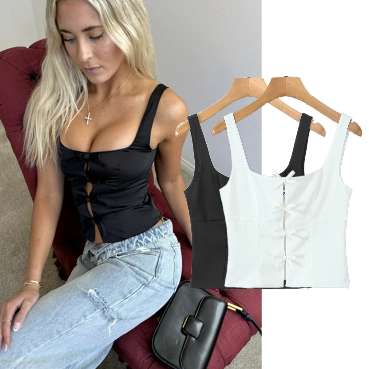 

Dave&Di Summer Tank Tops French Vintage Bandage Sexy Sleeveless Shirt Blouse Women Cropped Tops