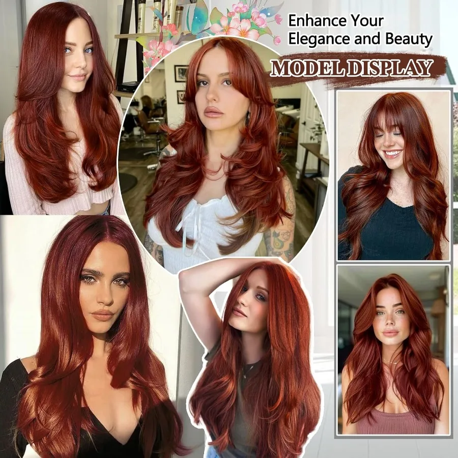 Copper Red Clipin Hair Extensions for Women Straight Layered Synthetic Hair Extensions Long Wavy Style Daily Use 20 Inch Perfec