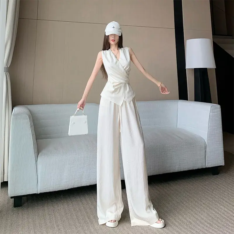 White Ladies Trouser Tailor with Sleeve Groups of Fashion Clothing Korean Style Luxury Summer 2025 Women's Pants Two Piece Set