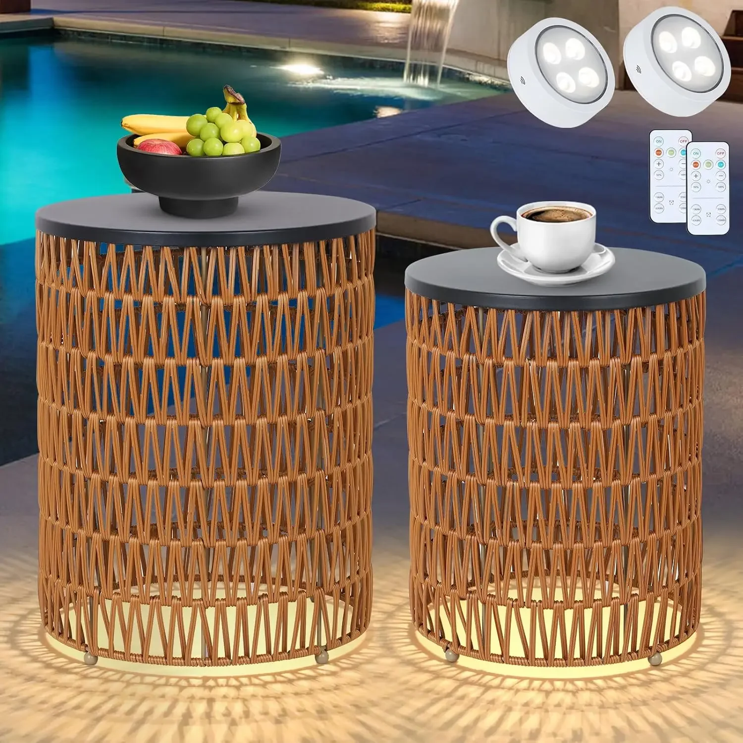 Outdoor Side End Table with Dimmable Light Remote Control,2-Pack Small Round Patio Table with Timing