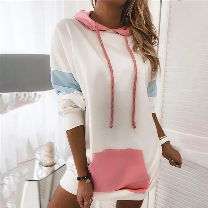 Women Patchwork Color Match Loose Fashion Sweatshirt T-shirts Jumpers Long Sleeve Hooded Tops Pullover Female Casual Hoodies New