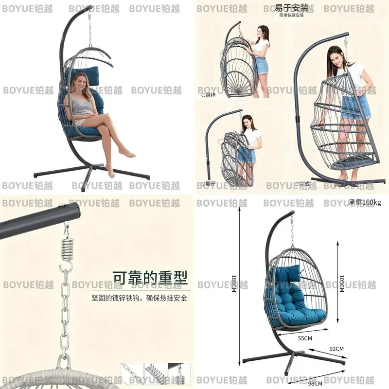 Wicker Hanging Swing Chair for Bedroom Balcony Terrace Leisure Soft Decor Rattan Hammock Seat with Wrought Iron Stand Outdoor