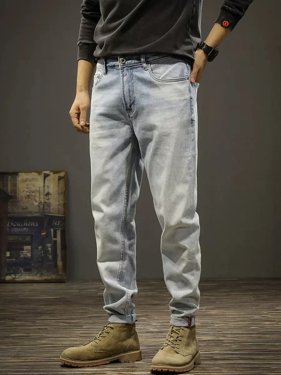 Korean Style Fashion Men Jeans Retro Light Blue High Quality Stretch Slim Ripped Jeans Men Vintage Designer Denim Pants Hombre